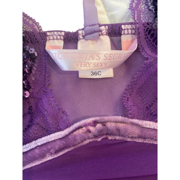 Victoria’s Secret Very Sexy Lingerie Sheer Purple Lace Jewel T Back Dress 36C - Picture 9 of 13